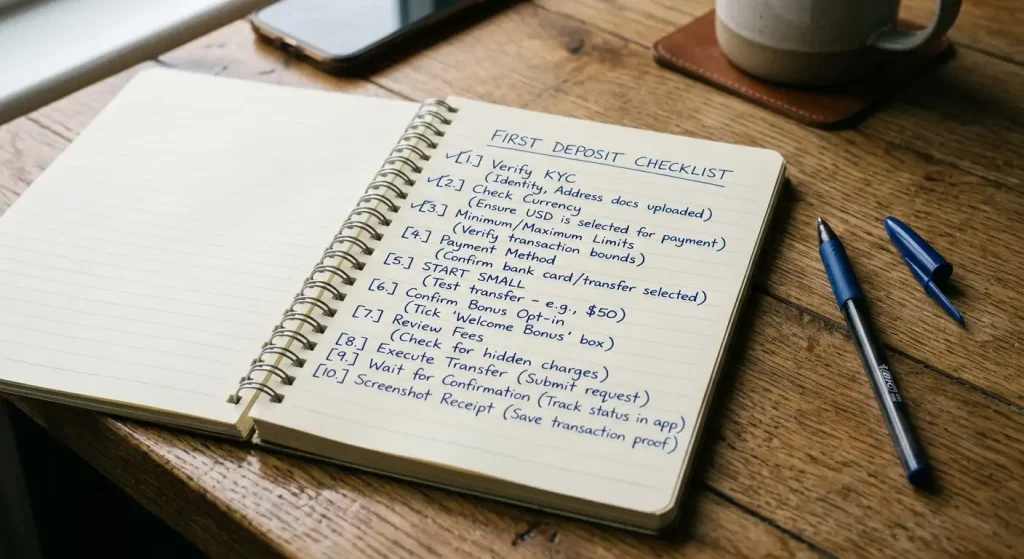 Handwritten first deposit checklist noting KYC verification, currency check and starting small
