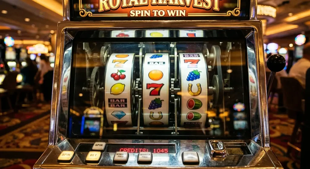 Slot machine reels spinning behind glass showing fruit and gem symbols