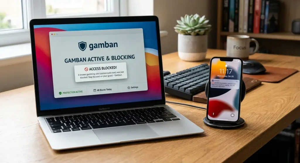 Device-level gambling blocking software Gamban active on smartphone and laptop