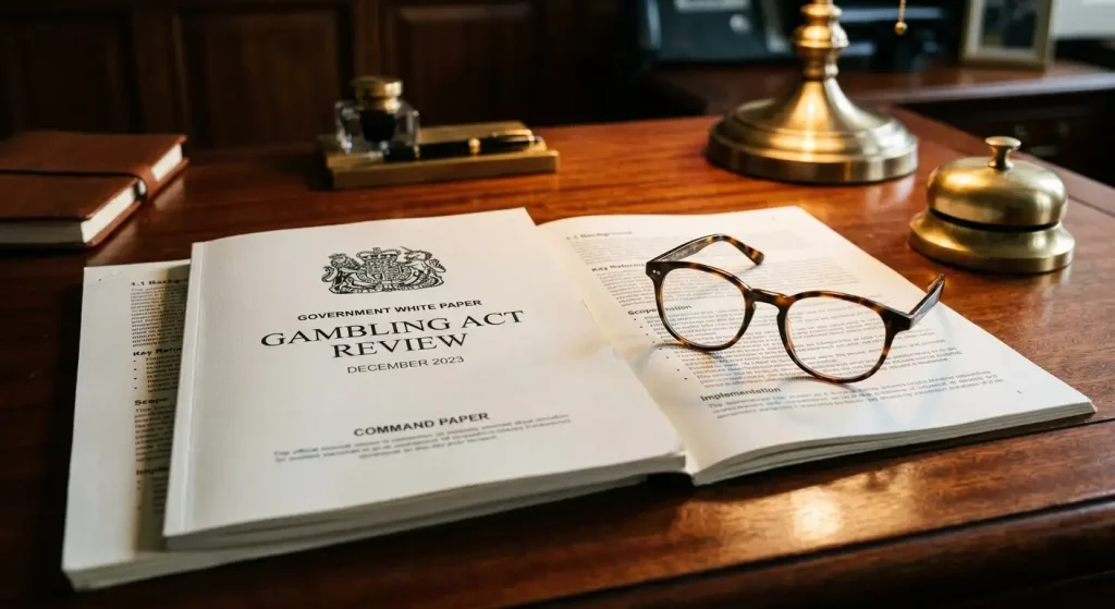 Official government Gambling Act Review white paper open on a mahogany desk with reading glasses