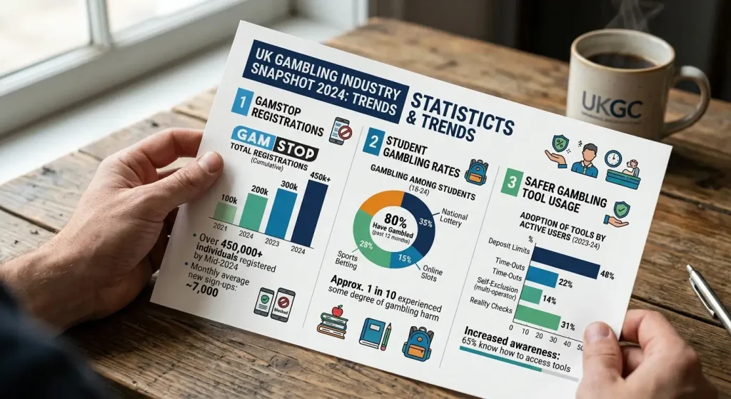 Infographic presenting UK gambling harm statistics and GamStop registration data