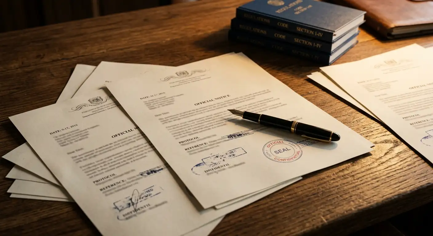 Official gambling licence documents with stamps, seals and a fountain pen on an oak desk