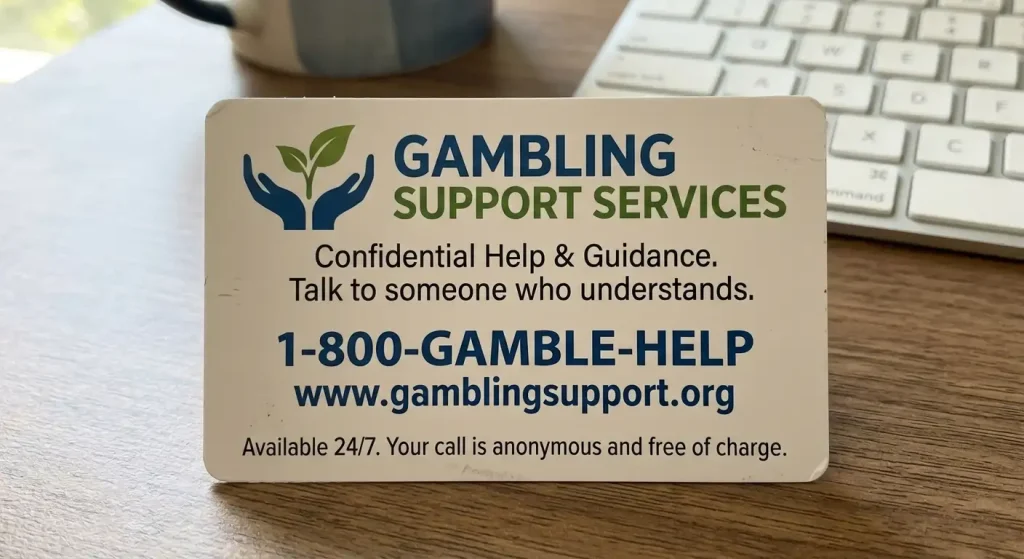 GamCare gambling helpline contact information card with phone number and website