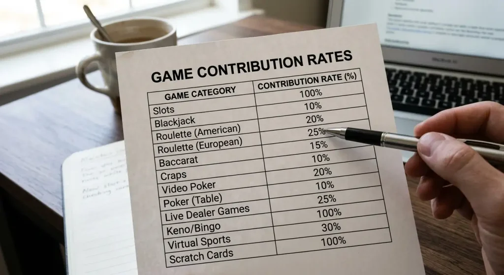 Table displaying different game category contribution percentages toward wagering