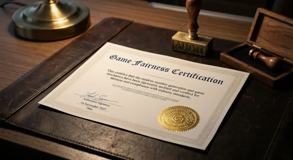 Official game fairness certification document with an embossed gold seal beside a brass stamp