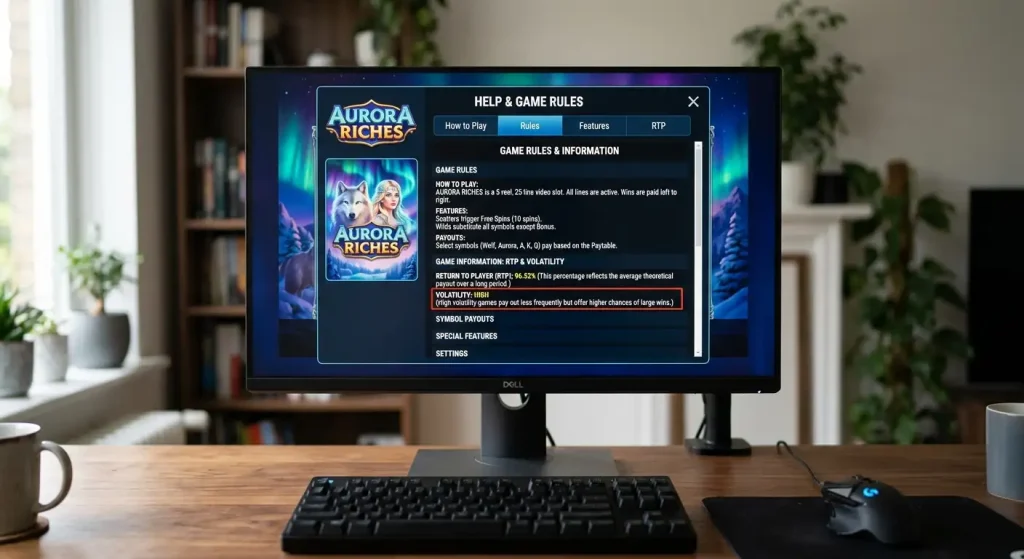 Slot game help screen showing return to player rate and game rules information