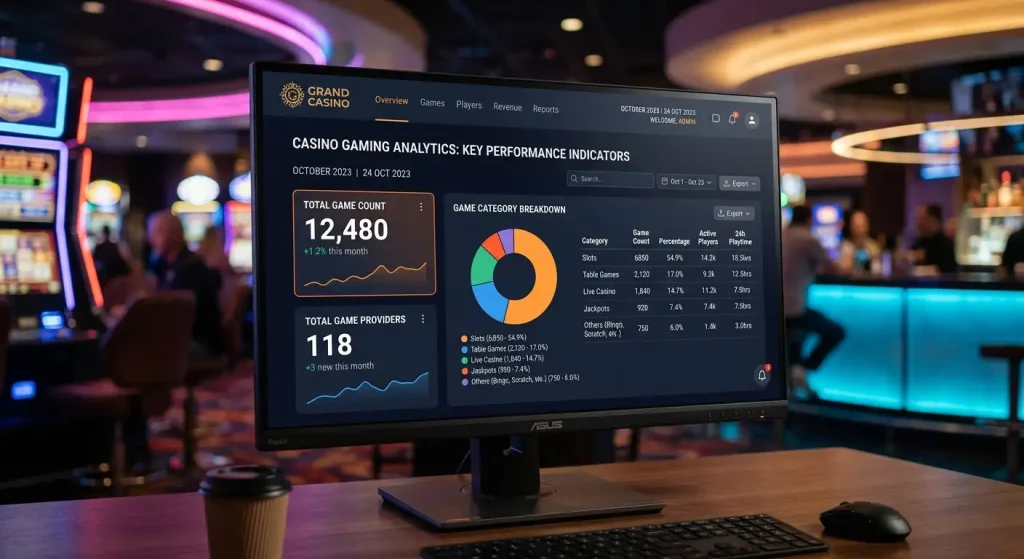 Dashboard showing total game count, provider numbers and category breakdown