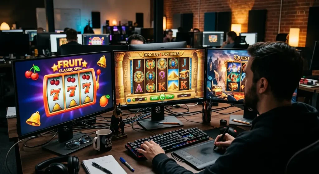 Game development studio with monitors showing Egyptian, classic fruit and fantasy slot designs in progress