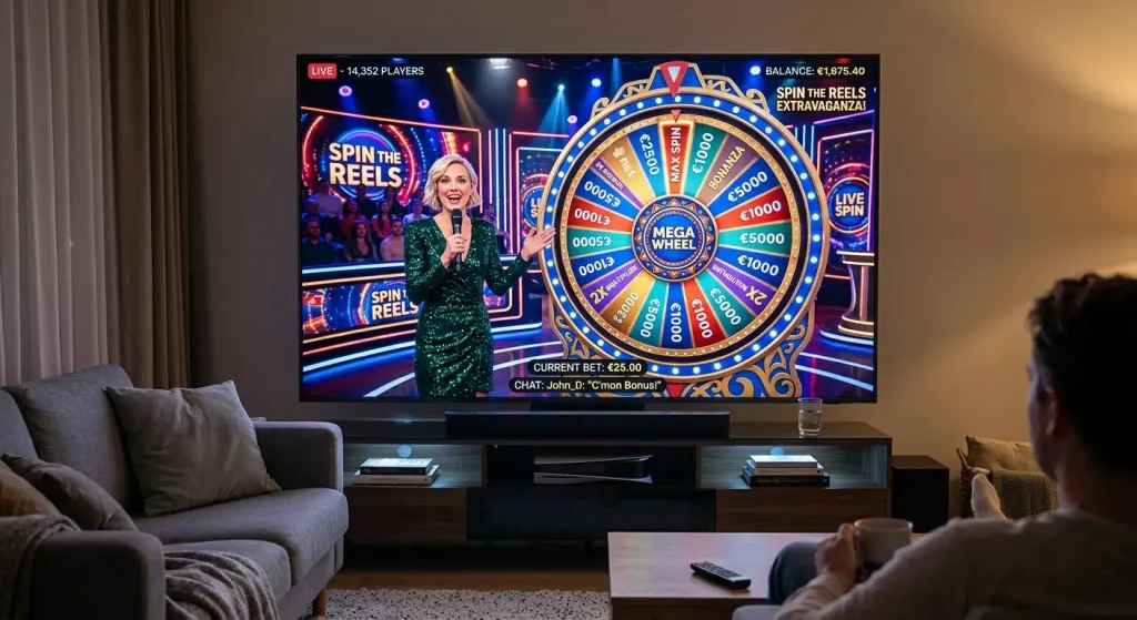 Live casino game show format with theatrical set and bonus wheel mechanics