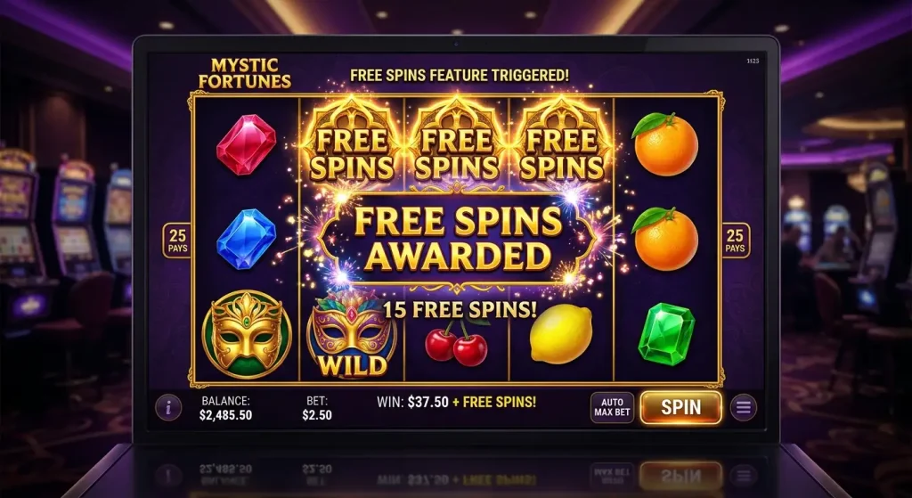 Slot reels landing three golden scatter symbols to trigger free spins