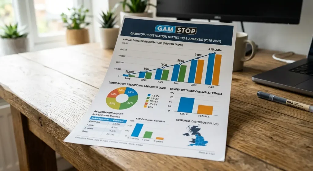 Infographic showing GamStop registration growth statistics and user demographics