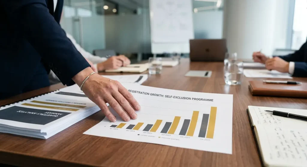 Hand placing a bar chart showing rising quarterly self-exclusion registration numbers on a table
