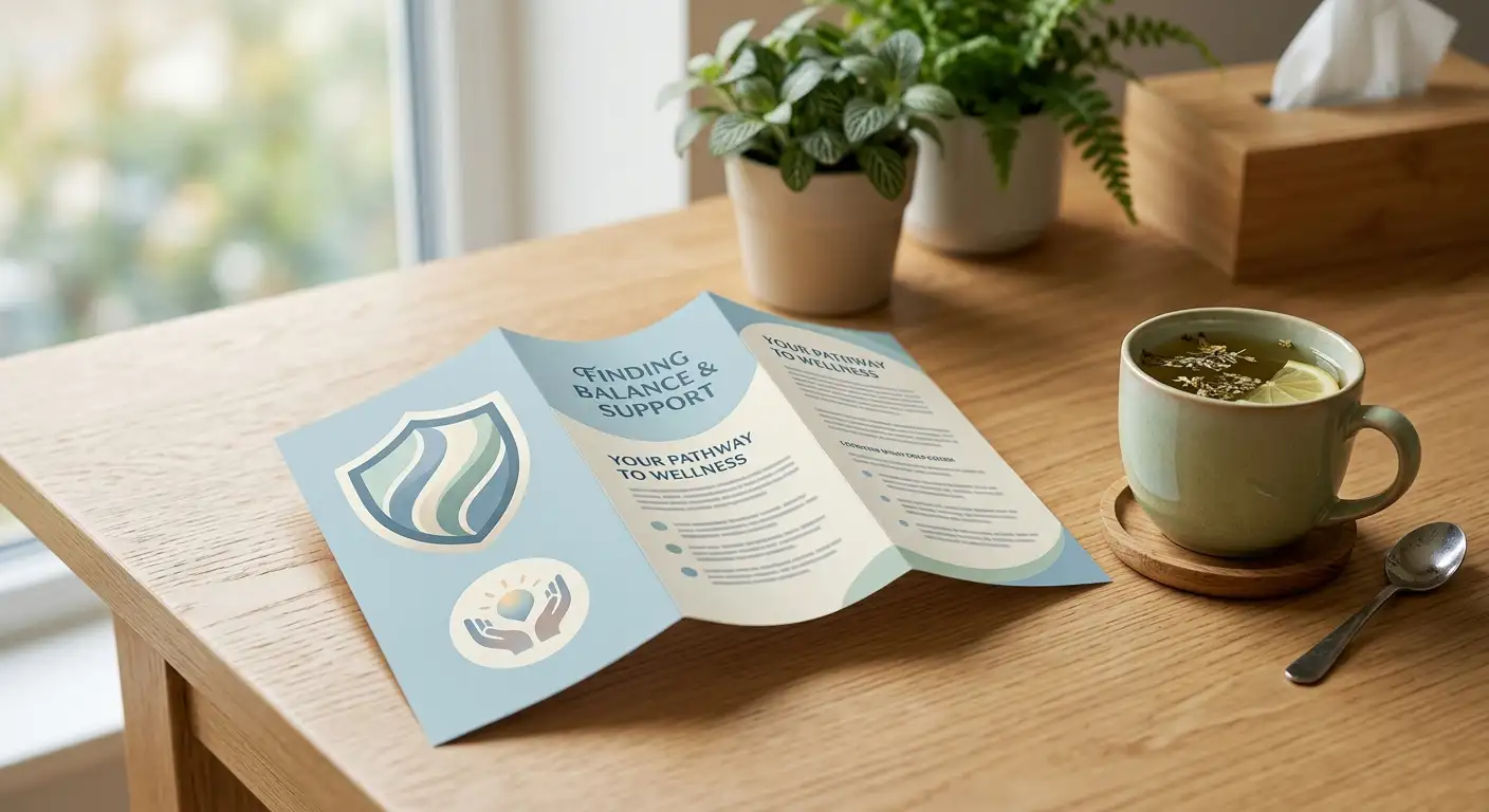 Supportive self-exclusion leaflet with a protective shield icon beside a calming cup of tea