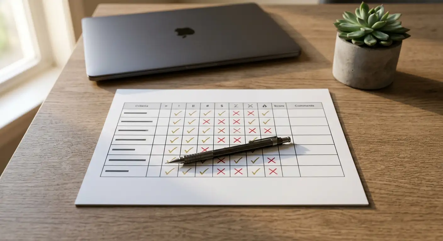 Evaluation report with a scoring matrix of checkmarks and crosses assessing the casino verdict