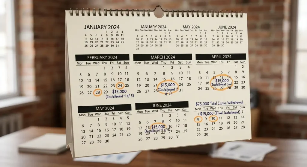 Calendar marking a five-month instalment plan for paying out a large jackpot