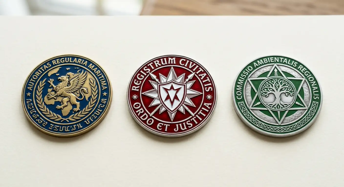 Three abstract regulatory seals side by side representing different gambling licensing jurisdictions