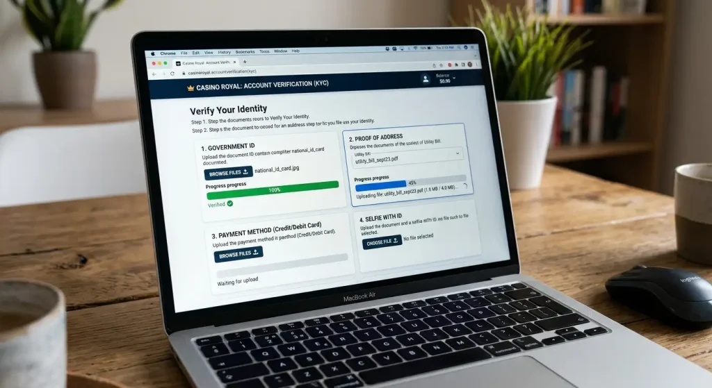 Casino KYC upload page with file buttons and document progress bars