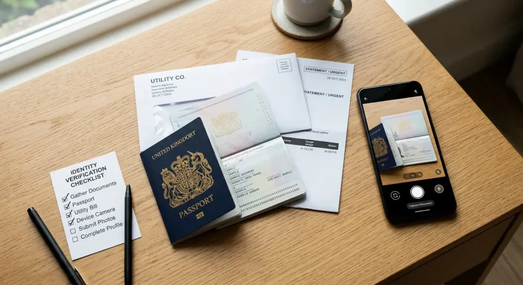 Passport, utility bill and phone camera arranged to submit identity verification documents