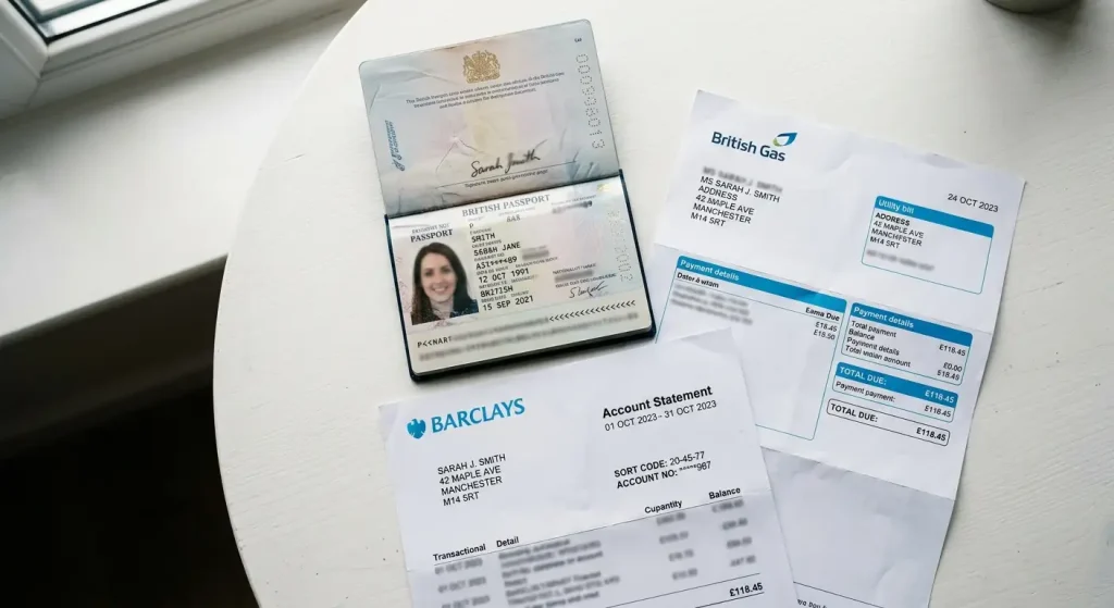 Overhead view of passport, utility bill and bank statement for KYC verification