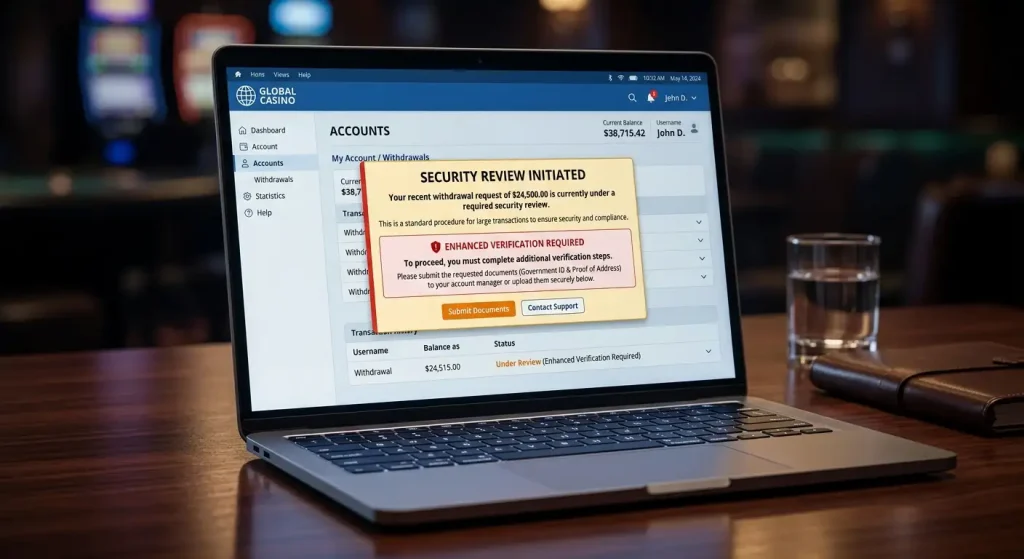 Casino security review notification for large withdrawal amount requiring enhanced verification