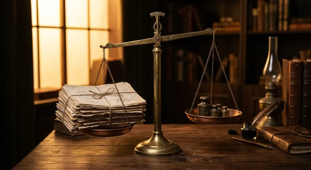 Brass balance scale weighing stacked documents against weights to reach a verdict