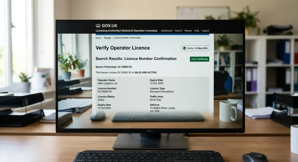 Regulator verification page confirming an operator licence number through official search results