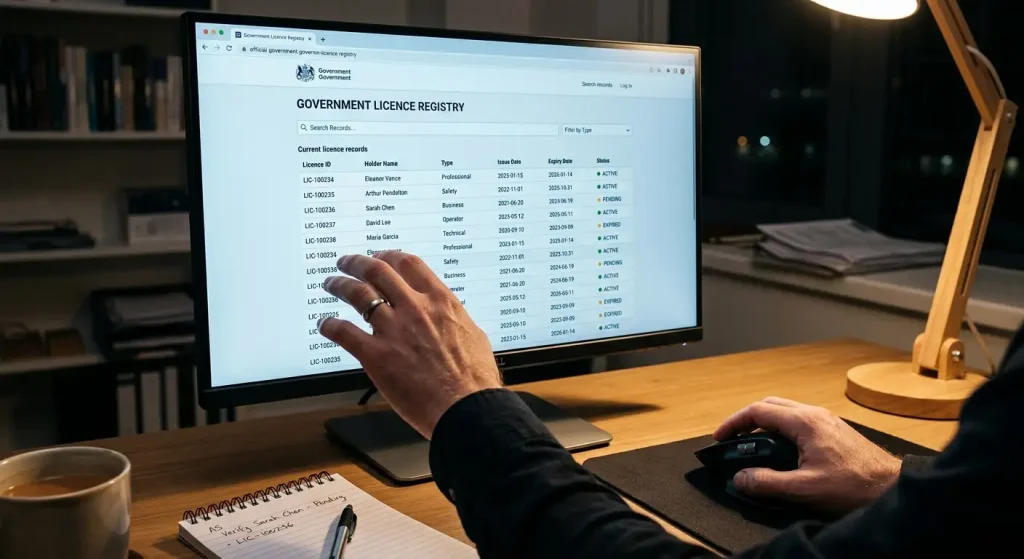 Hand scrolling an official government licence registry with green and amber status indicators