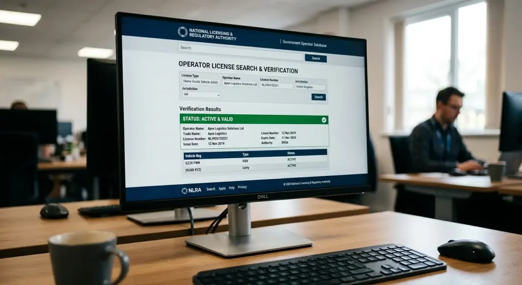 Regulatory authority website showing operator licence verification search results