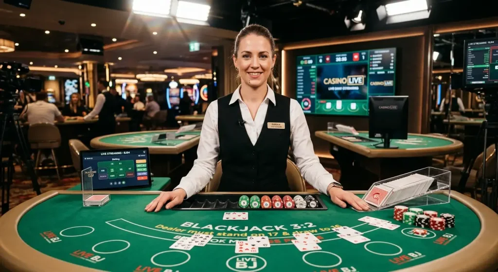 Live casino dealer at a blackjack table with a card shoe and stacked chips
