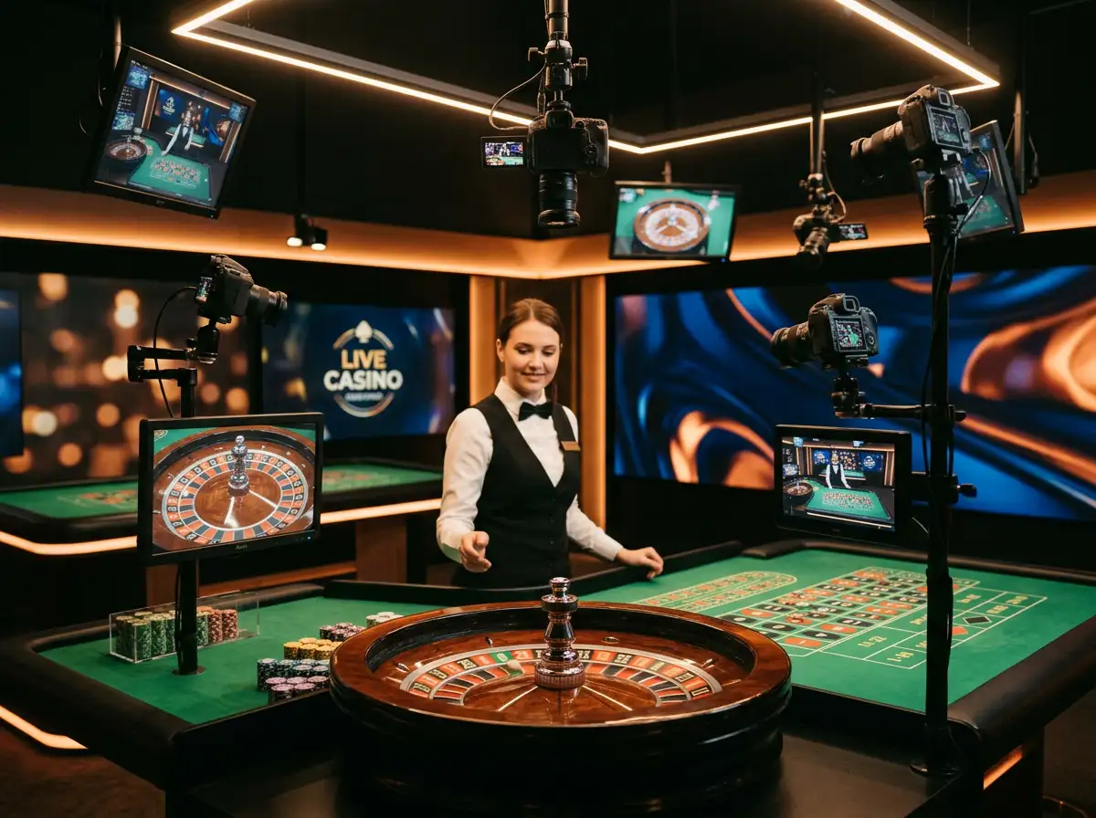 Live casino roulette table with dealer and betting interface