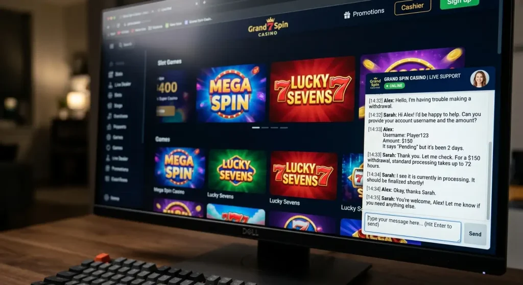 Casino live chat widget open in corner of screen with agent conversation