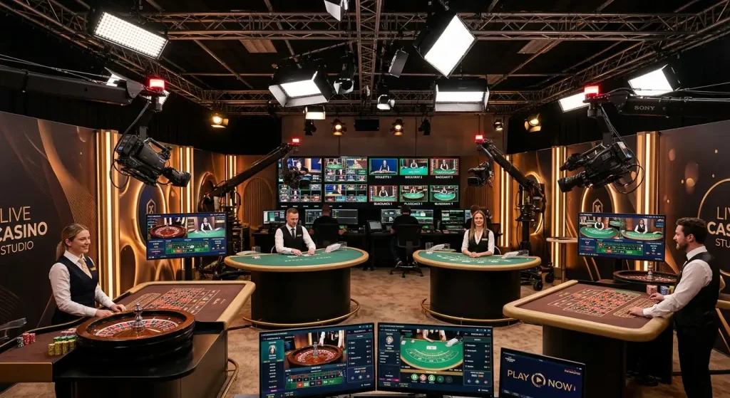 Professional live casino studio with multiple camera angles and lighting setup
