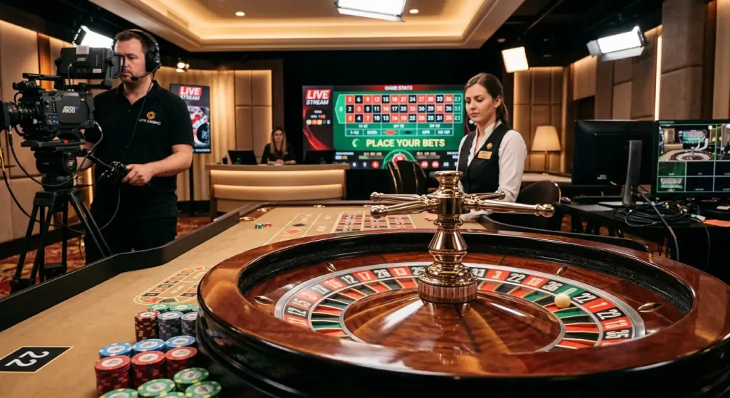 Live roulette wheel spinning in high-definition casino studio stream