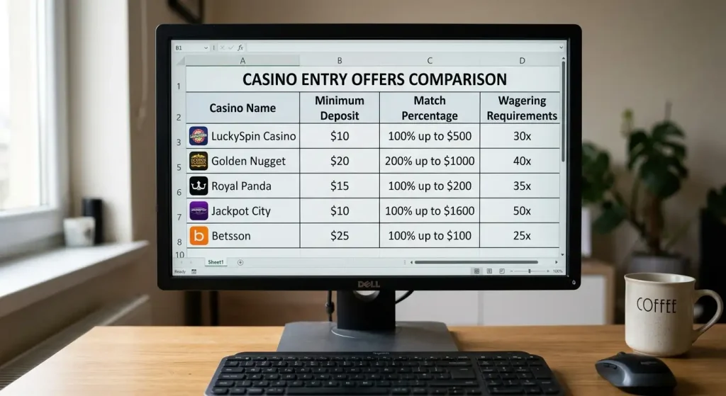 Comparison table of low minimum deposit bonus offers across casino platforms