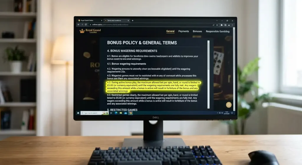 Casino bonus terms warning showing maximum bet limit per spin during active bonus