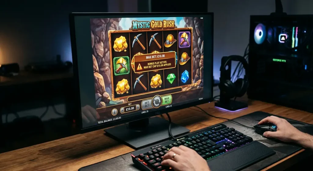 Slot game interface showing maximum bet cap indicator during active bonus play