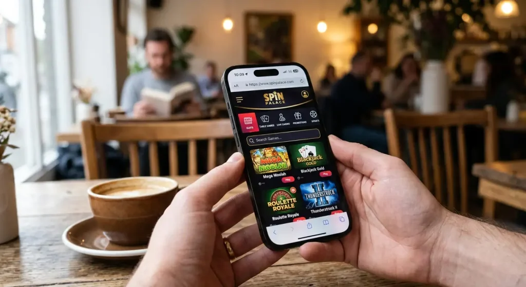 Casino website loaded in mobile Safari browser with game grid layout
