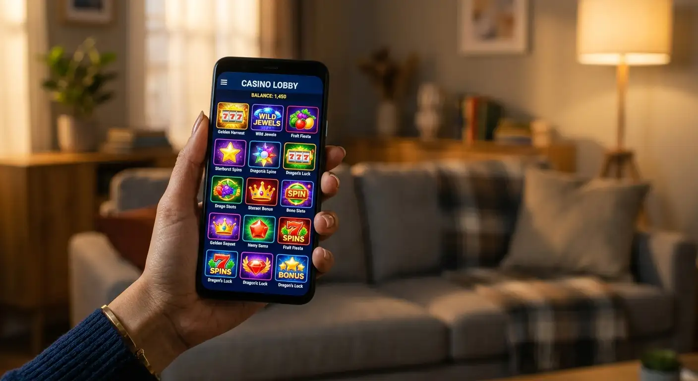 Hand holding a smartphone showing a colourful casino game lobby in a living room