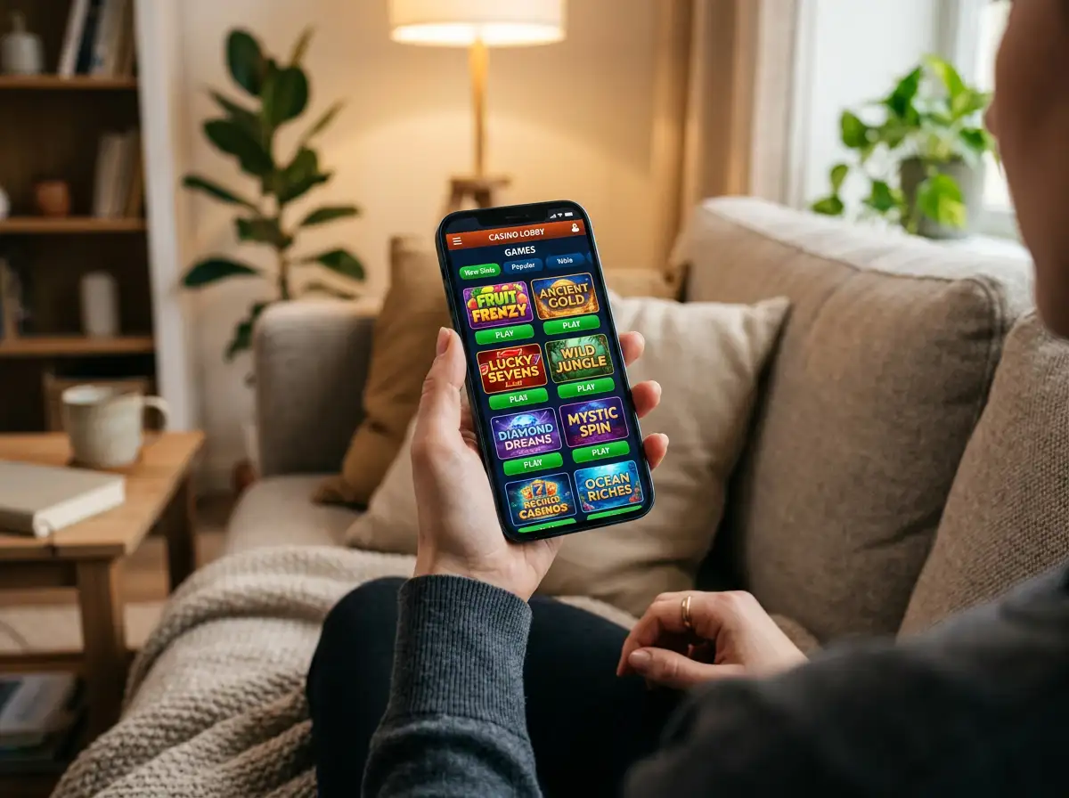 Smartphone displaying an online casino lobby with slot games and navigation menu