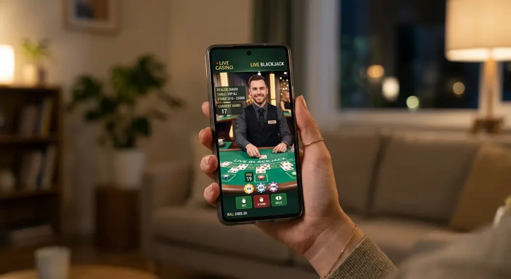 Live casino game streaming on smartphone with HD video quality indicators