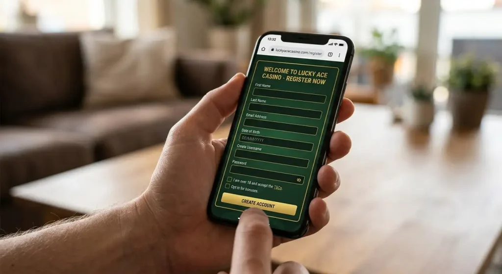 Hand holding smartphone showing a casino registration form in mobile browser