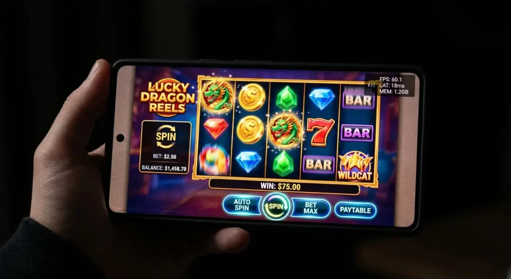 Slot game running smoothly on smartphone with performance indicators