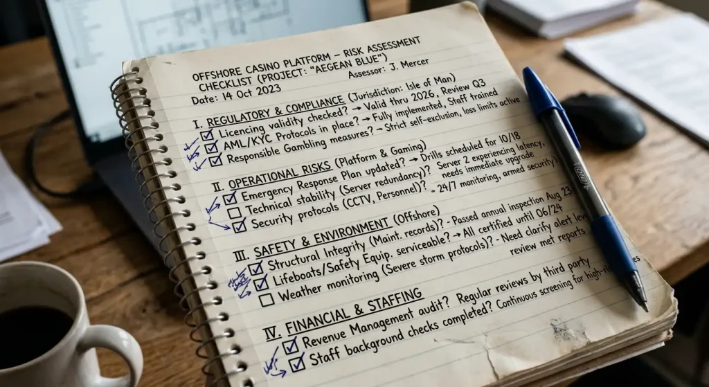 Notebook risk-assessment checklist for evaluating offshore casino platforms with ticked boxes