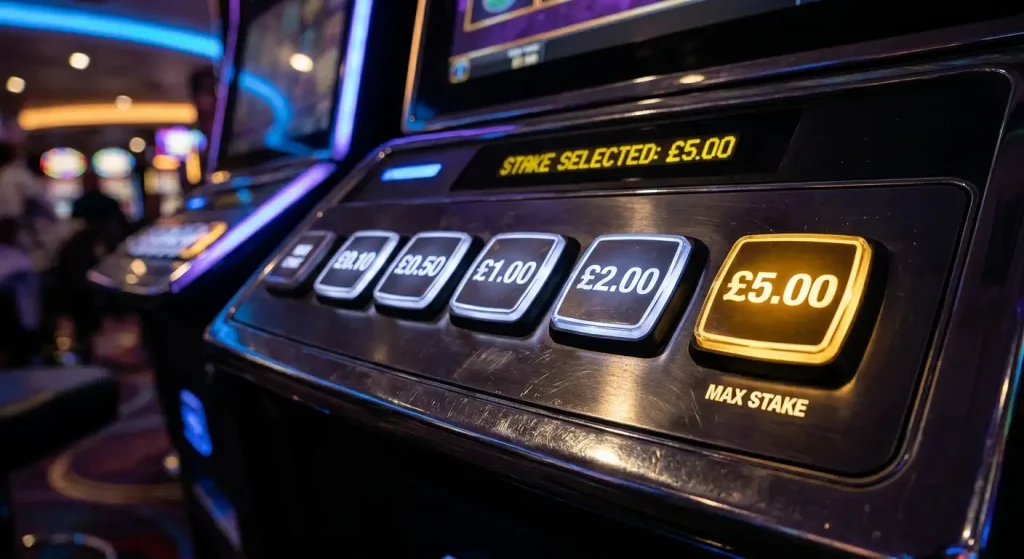 Slot machine bet panel with the five-pound maximum stake button highlighted in gold