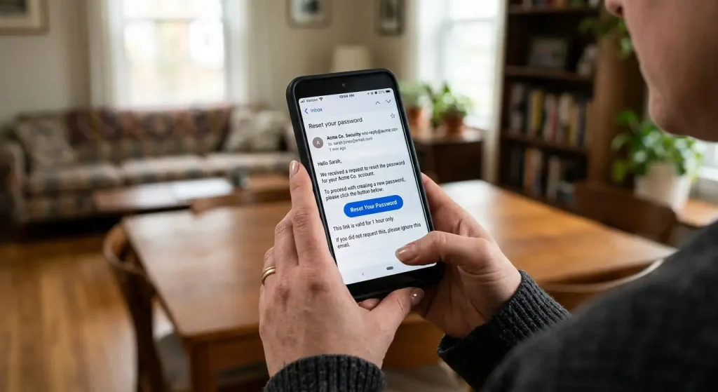 Password reset email notification on smartphone screen