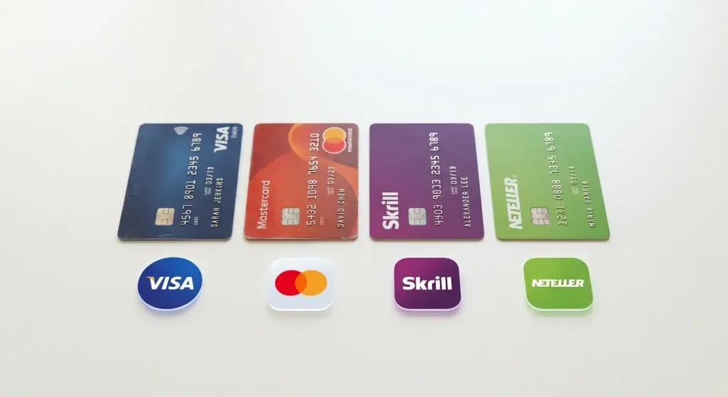 Visa, Mastercard, Skrill and Neteller cards alongside e-wallet icons on a white surface