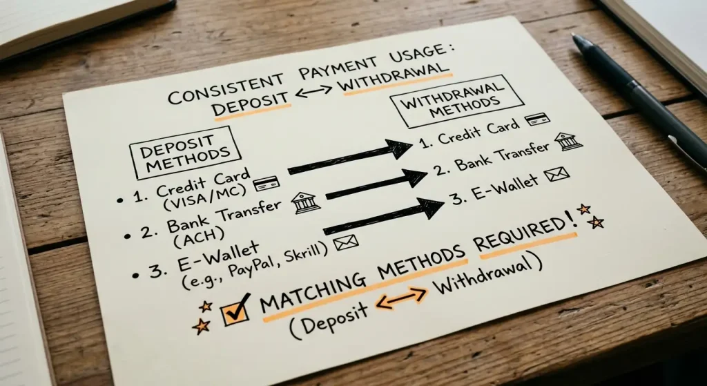 Matching deposit and withdrawal payment method diagram for faster processing