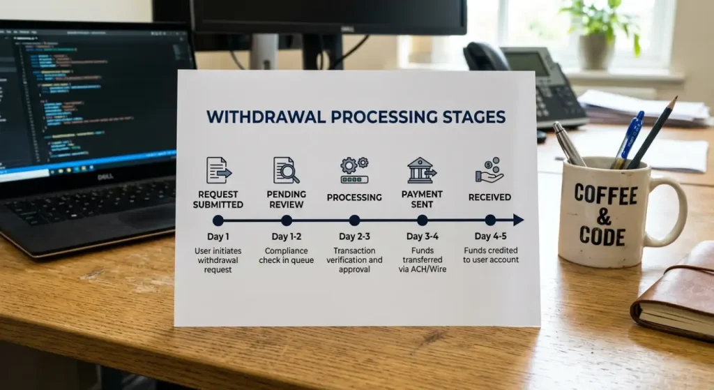 Timeline graphic showing withdrawal stages from request through processing to payment received