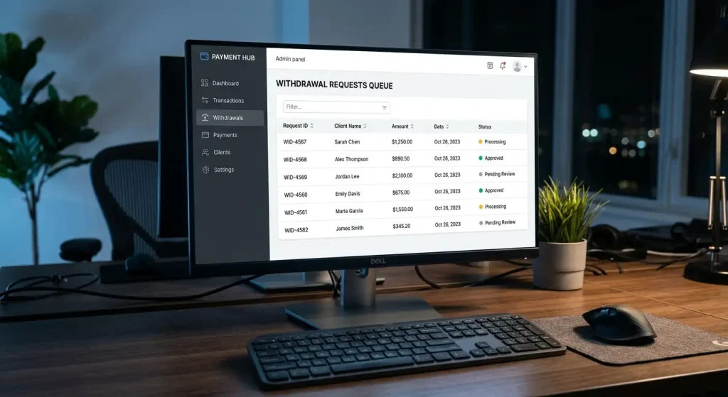 Admin dashboard showing a queue of pending withdrawal requests with coloured status indicators