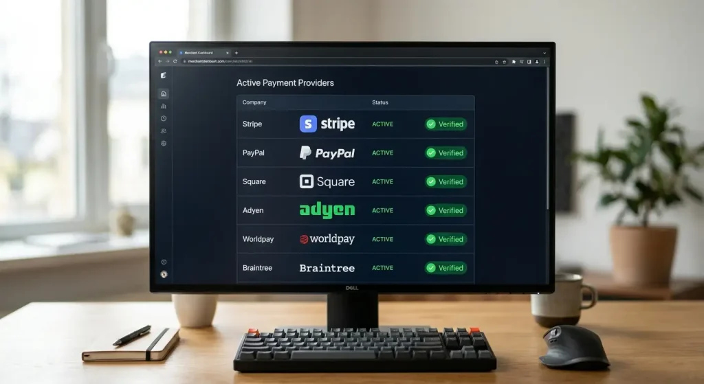 Payment processor logos marked with green verified checkmarks confirming active merchant relationships